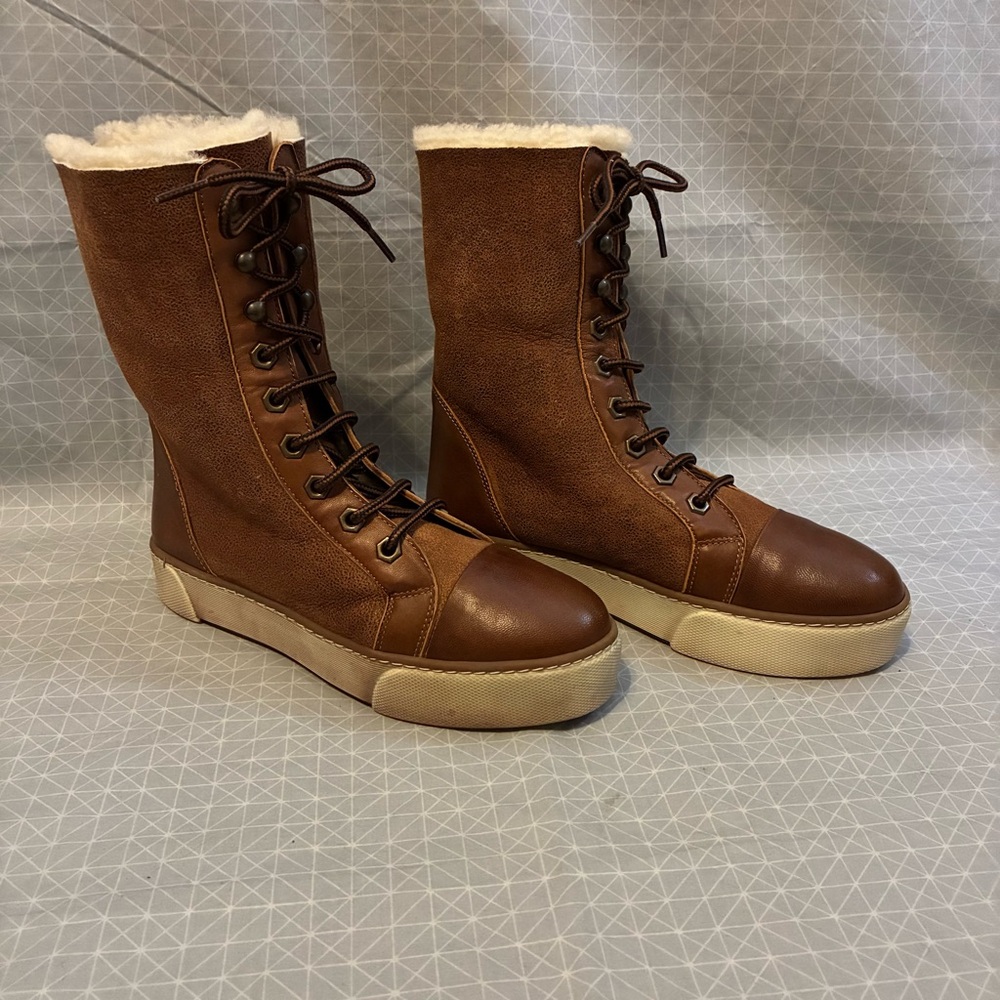 Brown Leather Shearling Lace-Up Sneaker Boots 37